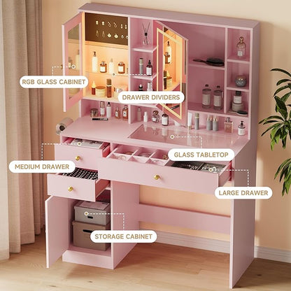 Vanity Desk with Mirror and Lights, Pink Vanity with Lighted Mirror and RGB Cabinet & Jewelry Organizers, Makeup Vanity Desk with Lights, Glass Top Dressing Table for Girls Bedroom