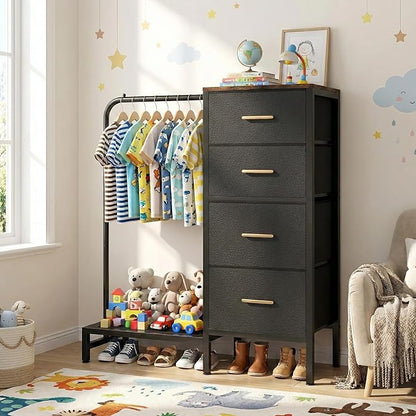 Dresser with Hanging Rack & CFR Certification, Reversible Black Dresser for Bedroom, Kids Chest of Fabric Drawers with Clothes Rack, Small Closet Organizer with Drawers, 44''H
