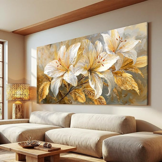 Canvas Wall Art Decor White Flower Pictures Wall Decor For Living Room Gold Botanical Wall Art Decor Modern Aesthetics Wall Art Paintings Prints For Home Bedroom Office Room Wall Decor 20×40 Inch