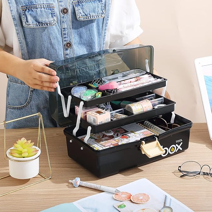 Kinsorcai 12'' Three-Layer Clear Plastic Storage Box/Tool Box, Multipurpose Organizer and Portable Handled Storage Case for Art Craft and Cosmetic (Black)