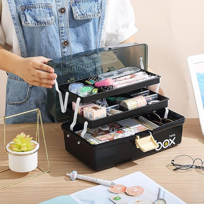 Kinsorcai 12'' Three-Layer Clear Plastic Storage Box/Tool Box, Multipurpose Organizer and Portable Handled Storage Case for Art Craft and Cosmetic (Black)