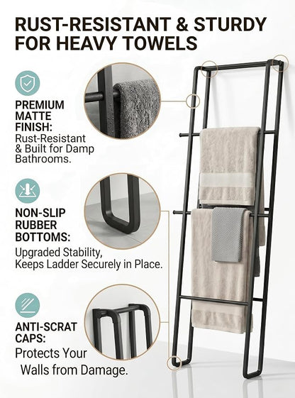 CANYAVE Metal Leaning Ladder Towel Rack, 4-Tier Blanket Stand for Bathroom Living Room, No Drilling Quilt Storage Organizer (Matte Black)
