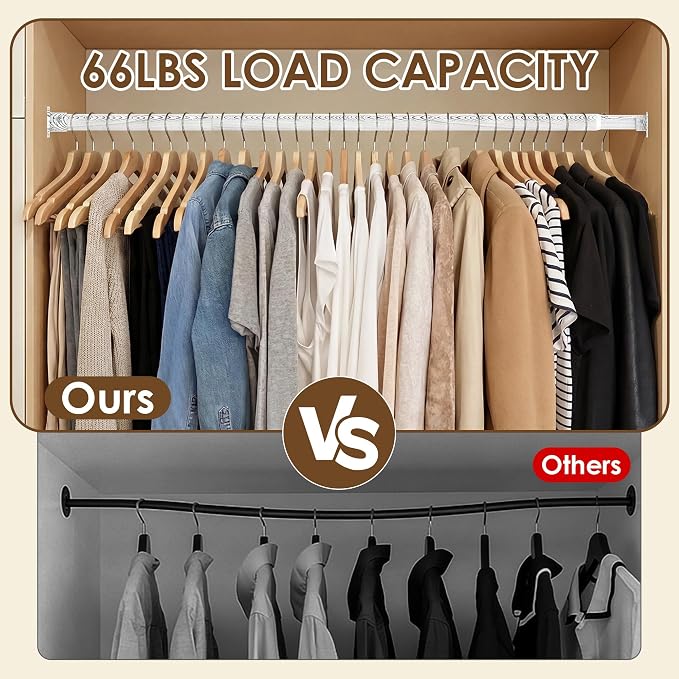 Closet Rod 17-40 Inches，1.3 Inch Diameter Heavy-Duty Adjustable Closet Rods for Hanging Clothes Closet Hanging Rod Metal Closet Poles for Wardrobes Laundry RV Bathroom（White Wood Grain Finish）