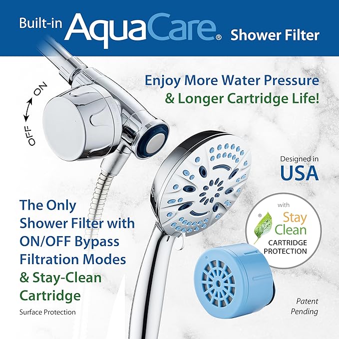 AquaCare Magneton 8-setting Magnetic Docking Hand Shower with Built-in Shower Filter - On/Off Filtration Modes, Instant Cartridge Reload, Stay-Clean KDF Cartridge, 6 ft. Steel Hose, Chrome Finish
