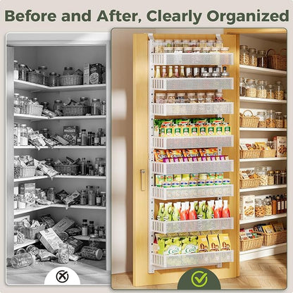 POKIPO 8-Tier Over the Door Pantry Organizer, 2 IN 1 Wall Mount or Hanging Spice Rack with Adjustable Raised Basket, Heavy Duty Back of Door Storage for Kitchen Bathroom Laundry Room