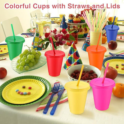Sieral Cups with Straws and Lids Kids Tumbler with Straw Reusable Water Bottle Iced Coffee Travel Mug Adults Plastic Cups for Parties 16 oz (Vibrant Colors,30 Pack)