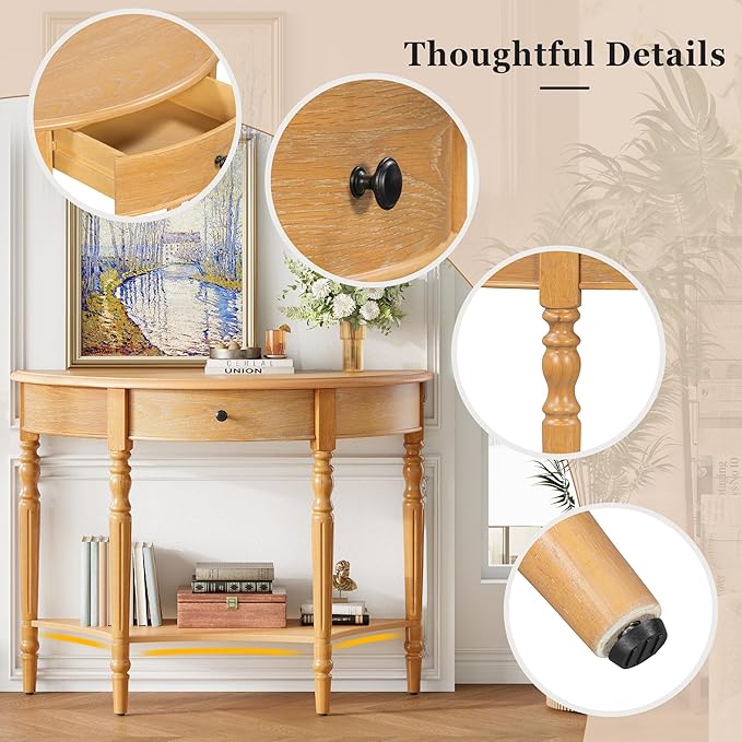 Amposei Small Curved Console Table 39-Inch Retro Farmhouse Wood Entry Sofa Table with Drawer & Storage Shelf for Living Room Hallway Entryway Furniture, Natural