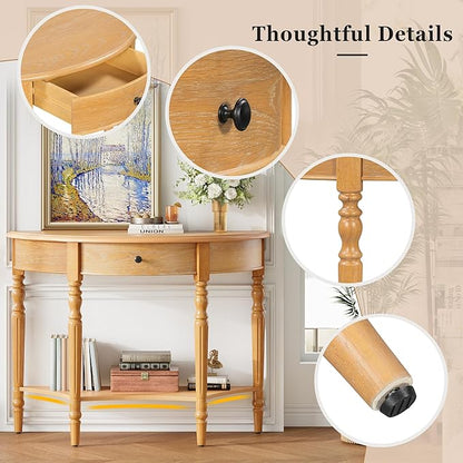 Amposei Small Curved Console Table 39-Inch Retro Farmhouse Wood Entry Sofa Table with Drawer & Storage Shelf for Living Room Hallway Entryway Furniture, Natural