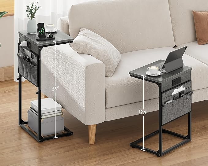Vagusicc C-Shaped End Table Set of 2 with Charging Station, C Table End Table Adjustable Height Side Table for Couch, Slide Under Sofa Table TV Tray Tables for Living Room,Bedroom,Bedside, Gray Walnut