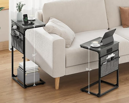 Vagusicc C-Shaped End Table Set of 2 with Charging Station, C Table End Table Adjustable Height Side Table for Couch, Slide Under Sofa Table TV Tray Tables for Living Room,Bedroom,Bedside, Gray Walnut