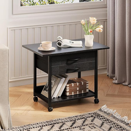VENNQD Large Printer Stand with Storage Fabric Drawer Under Desk Printer Table with Wheels for Home Office, Printer Cart fit Fax Machine Scanner 23.4"x15.7" (Black, 2 Tiers)