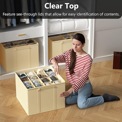 SUOCO 2 Pack Shoe Organizer for Closet, Fits up to 32 Pairs, Small Space Shoe Storage Boxes Bins Containers w/Adjustable Dividers and Clear Top, Black, Beige