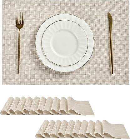 Leetaltree Beige White Placemats Set of 20 - Heat Resistant Non-Slip Place mats for Dining Table, Washable Durable PVC Vinyl Woven Table Mats(Beige White, 20)
