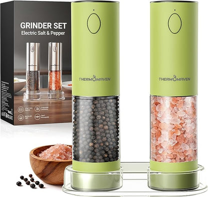 ThermoMaven Electric Salt and Pepper Grinder Set, 110ml Larger Rechargeable Automatic Salt and Pepper Mill Grinder with 6 Adjustable Coarseness, Electric Salt and Pepper Shakers, LED, Pistachio