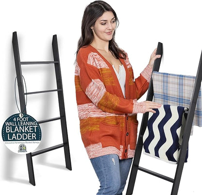 Blanket Ladder for Living Room and Bedroom, 4ft 4-Tier Wall Leaning Laminate Snag Free Construction (Black) Rustic Decorative Farmhouse Blanket Storage, Quilt Rack, Ladder Shelf, Easy Assembly