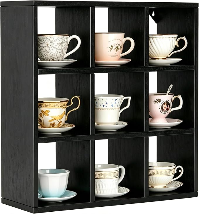 Helsin 9 Grid Vintage Coffee Mug Display Rack, 16inch Wall Mounted Wooden Curio Shadow Box Shelf, Cup Floating Shelves Display and Organizer (Black)
