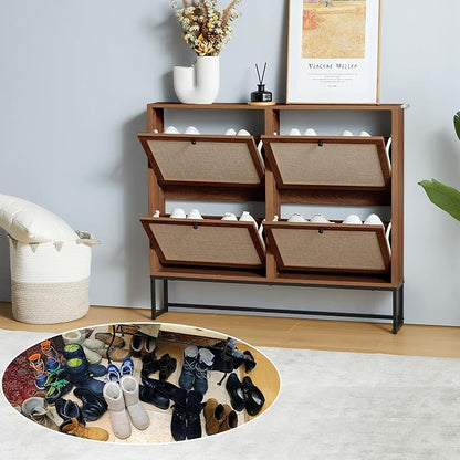 Shoe Cabinet, Shoe Storage Cabinet with 4 Flip Drawers, Freestanding Shoe Organizer Shoe Rack for Entryway, Hallway, Living Room (Walnut - 4 Tiers)