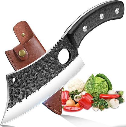 ROCOCO Meat Cleaver Butcher Knife - Sharp Full Tang Knife with Sheath for Home Outdoor BBQ Camping Mother Father Gift Idea Men Black 6.3"