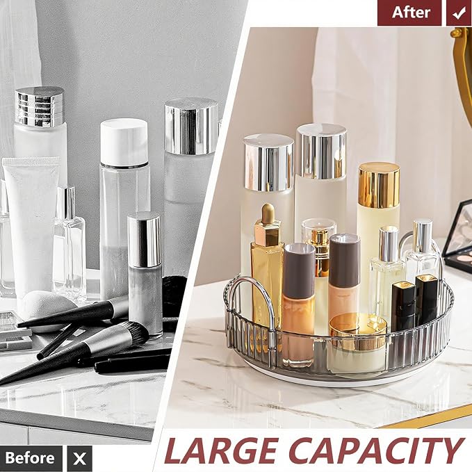 INVSSENE 360° Rotating Makeup Organizer, Bathroom Make Up Spinning Holder Rack, Large Capacity Cosmetics Storage Vanity Shelf Countertop, Fits Cosmetics, Perfume, Skincare, Lipsticks(1 Tier, Gray)