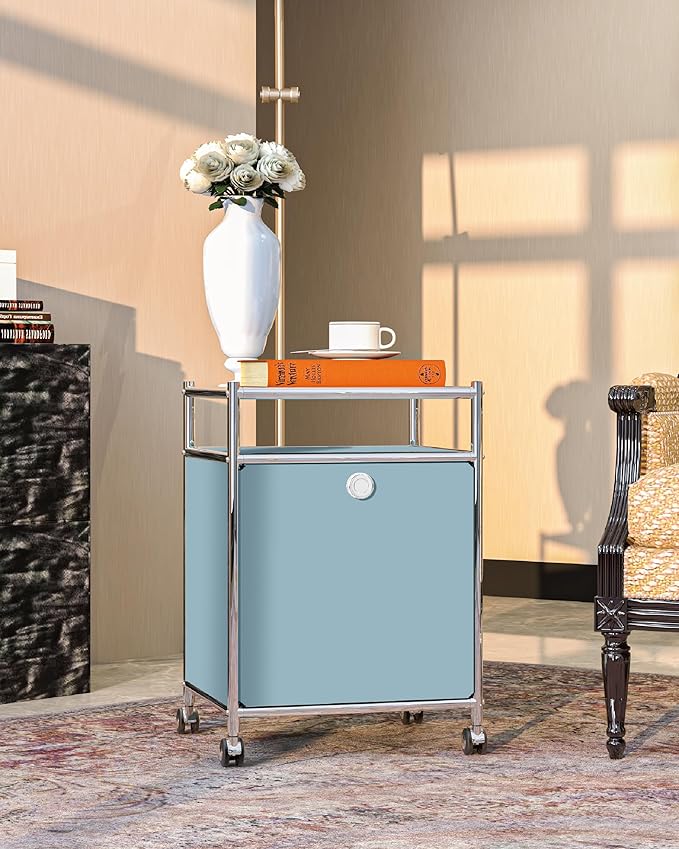 Simplink Elegant Matte Storage Cart with 22.8" Height - Perfect Side Table, Night Stand - Large Capacity with Flap Door, Detachable Wheels - Ideal for Home, Office, Bedroom, Kitchen (Blue)