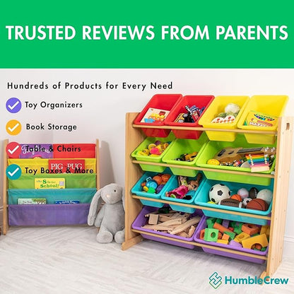Humble Crew 4-Tier Kids Bookshelf, Natural Wood/Rainbow - Premium Book Shelf for Kids Rooms with Four Deep Pockets - Toddler Sling Book Rack with Deep Sleeves, Nursery Bookcase Organizer