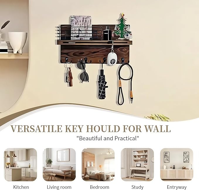 Key Holder Wall Mount, Keys Holder on Wall with Shelf, Key and Mail Holder for Wall with 4 Double Hooks for Dog Leash, Sunglasses, Bags - Musical Note Design Entryway Hanger