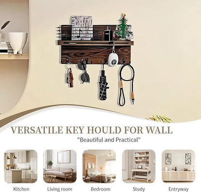 Key Holder Wall Mount, Keys Holder on Wall with Shelf, Key and Mail Holder for Wall with 4 Double Hooks for Dog Leash, Sunglasses, Bags - Musical Note Design Entryway Hanger
