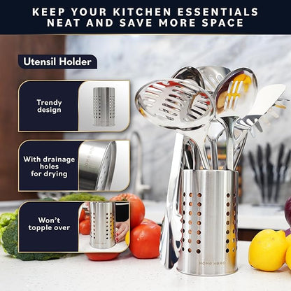 Home Hero Stainless Steel Kitchen Utensils Set - Wood Handle Nonstick Stainless Steel Cooking Utensils Set - Heat Resistant Kitchen Essentials & Metal Kitchen Gadgets (Silver & Wood)