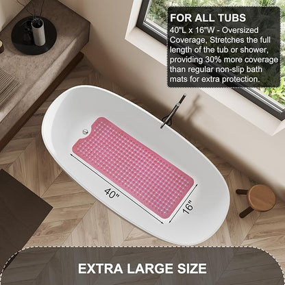 TEESHLY Bath Tub Shower Mat, Non Slip Bathtub Floor Liner Mats with Suction Cups and Drain Holes, Machine Washable Bathmat for Bathroom Floor Safety, 40 x 16 Inch, Clear Burgundy