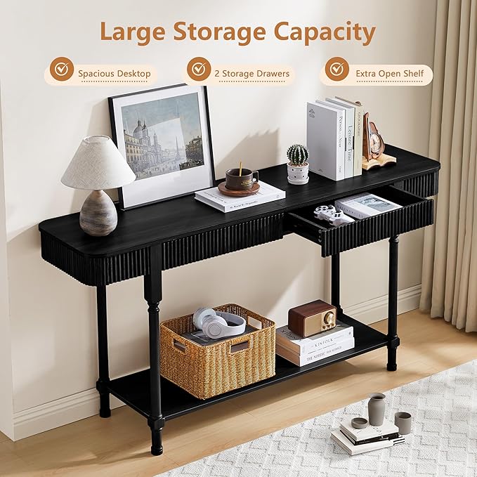 63'' Fluted Console Table with 2 Drawers, 2-Tier Long Entryway Tables with Open Storage, Wooden Narrow Sofa Table Behind Couch, Foyer Accent Table for Living Room, Hallway, Entrance (Black)