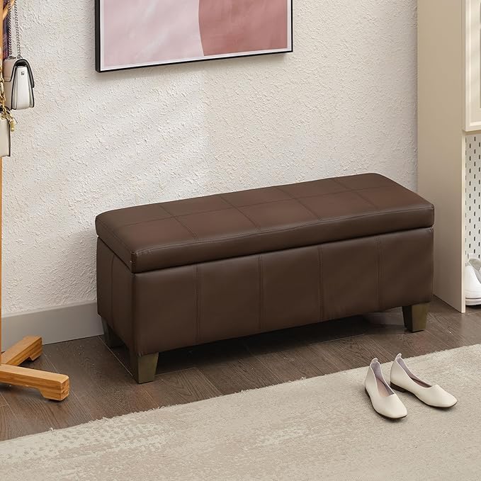 41" Storage Ottoman, Storage Bench with Safety Hinge, Upholstered Synthetic Leather Ottoman Bench for Bedroom, Living Room, Entryway, Hallway, Foot Rest, Support 500lbs, Brown