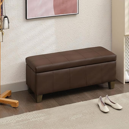 41" Storage Ottoman, Storage Bench with Safety Hinge, Upholstered Synthetic Leather Ottoman Bench for Bedroom, Living Room, Entryway, Hallway, Foot Rest, Support 500lbs, Brown