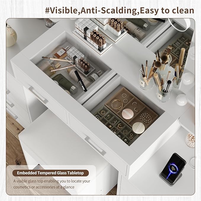 55'' W Makeup Vanity with Mirror & Lights, 10 Drawers Vanity Desk with Charging Station, 6 Open Shelves, 3 Lighting Modes Brightness Adjustable, Glass Top Vanity with Chair for Bedroom, White