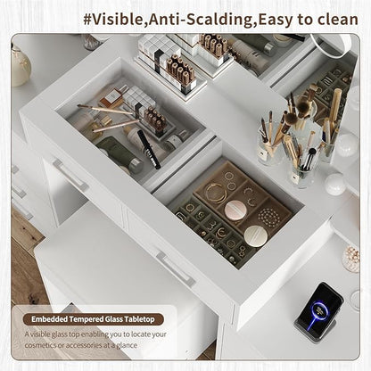 55'' W Makeup Vanity with Mirror & Lights, 10 Drawers Vanity Desk with Charging Station, 6 Open Shelves, 3 Lighting Modes Brightness Adjustable, Glass Top Vanity with Chair for Bedroom, White