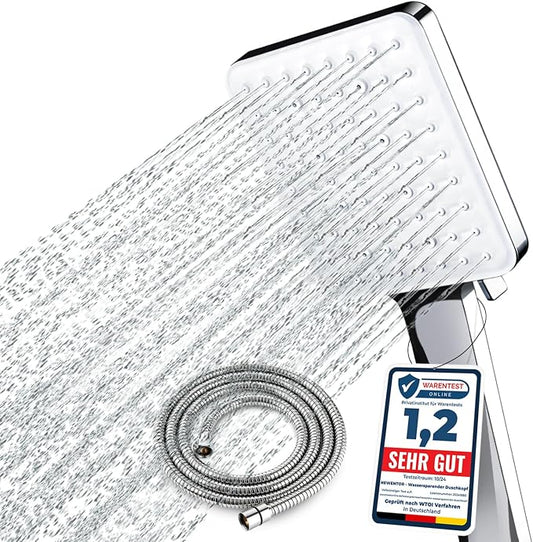 Newentor® Handheld High Pressure 6 Spray Modes/Settings Detachable Chrome Finish Square Shower Head with Stainless Steel Hose and Multi-Angle Adjustable Shower Stand