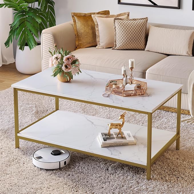 SAYGOER Coffee Table with Storage 2-Tier Industrial Center Table for Living Room, Rectangle Wood Table for Small Spaces Apartment Home Office, White Gold, Two-Tier(39.4x19.7x17.7)