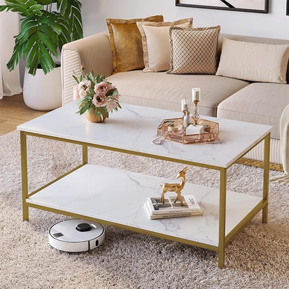 SAYGOER Coffee Table with Storage 2-Tier Industrial Center Table for Living Room, Rectangle Wood Table for Small Spaces Apartment Home Office, White Gold, Two-Tier(39.4x19.7x17.7)