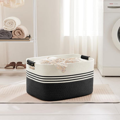 SunNewt 72L Large Laundry Basket with Leather Handles for Living Room Storage, Woven Rope Baskets Bin for Blanket, Kids Toy, Gifts, Wicker Hamper for Bedroom Dirty Clothes, 22"x17"x12" White Black