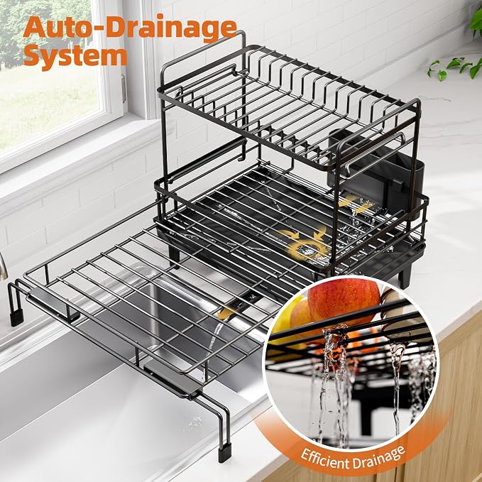 Urackify Dish Drying Rack - Large Dish Racks for Kitchen Counter, Extendable Sink Dish Drainer, Rustproof Dish Strainer with Utensil Holder, 2 Tier Black