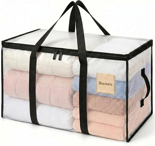 1 Pack Clear Storage Bags, PVC Foldable Blanket Storage Bags with Zipper & Handles for Sheet Organizers and Storage Closet Clothing Sweater Comforter Bedding Pillow (28.7x13.7x14.5 Inch)