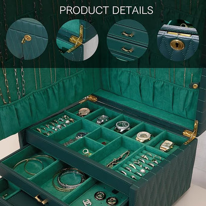 Genuine Leather Jewelry Box – 3 Layer Large Jewelry Organizer with Mirror, Lockable Jewelry Box for Women – Necklace, Ring, Earring Organizer with Drawer - Gifts(Green)