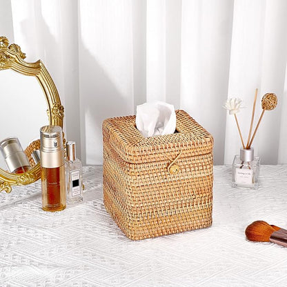 Sumnacon Tissue Box Cover Square Tissue Box Rattan Tissue Box Holder with Hinged Top Lid, Wicker Tissue Holder for Bathroom Toilet Living Room Kitchen Office Table Desk, Yellow