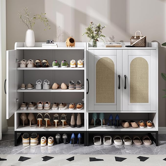 Shoe Cabinet Storage for Entryway, Wooden Shoe Cabinet with 2 Rattan Doors and Adjustable Shelves, Tall Shoe Rack Cabinet for Hallway, Living Room, Modern (White)
