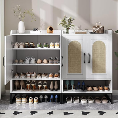 Shoe Cabinet Storage for Entryway, Wooden Shoe Cabinet with 2 Rattan Doors and Adjustable Shelves, Tall Shoe Rack Cabinet for Hallway, Living Room, Modern (White)