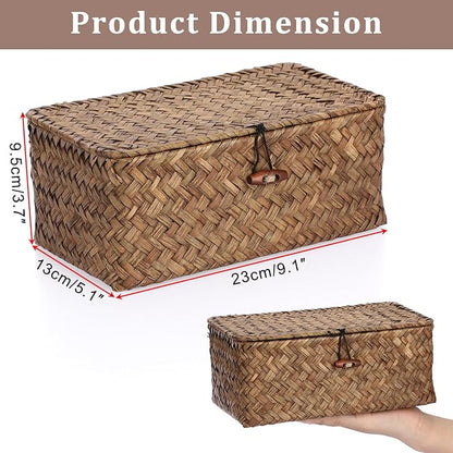 Sumnacon Small Wicker Basket with Lid Rectangle Woven Baskets for Toiletries Tampon Storage,Wicker Storage Basket with Lid,Decorative Seagrass Storage Baskets for Shelf Bathroom Toilet Table, Coffee