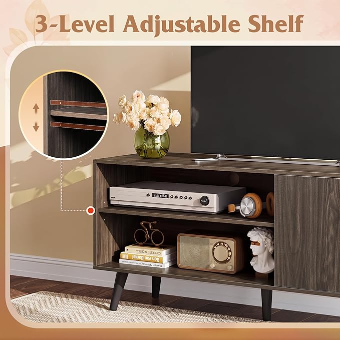 WLIVE TV Stand for 55 Inch TVs, Entertainment Center with Storage Cabinet, Mid-Century Modern TV Stands for Living Room, Media TV Console, Dark Walnut