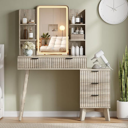 42'' Fluted Makeup Vanity Desk with LED Lights Mirror & Charging Station, Modern Glass Top Vanity Table with 5 Drawers & Open Shelves, Dressing Table for Bedroom, Living Room (Grey, 5 Drawers)