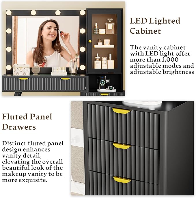 Vanity Desk with Mirror and Lights, 45" Fluted Makeup Vanity Desk with Lights &5 Drawers, Glass Top Vanitys with Lighted Mirror and RGB Cabinet, Dressing Table with Power Outlet for Bedroom, Black