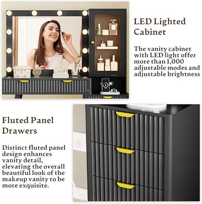 Vanity Desk with Mirror and Lights, 45" Fluted Makeup Vanity Desk with Lights &5 Drawers, Glass Top Vanitys with Lighted Mirror and RGB Cabinet, Dressing Table with Power Outlet for Bedroom, Black