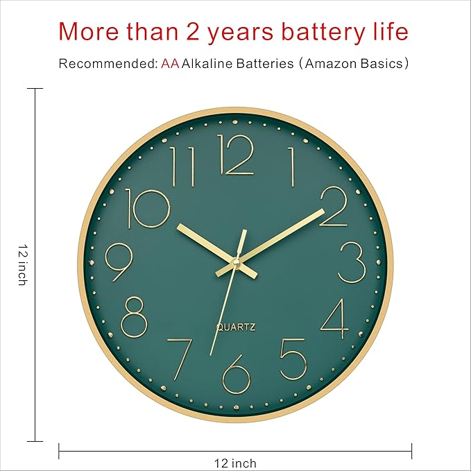 Foxtop Modern Wall Clock 12 Inch Silent Non Ticking Battery Operated Round Quartz Gold Wall Clock for Living Room Bedroom Kitchen Office Classroom Decor (Dark Green Dial)
